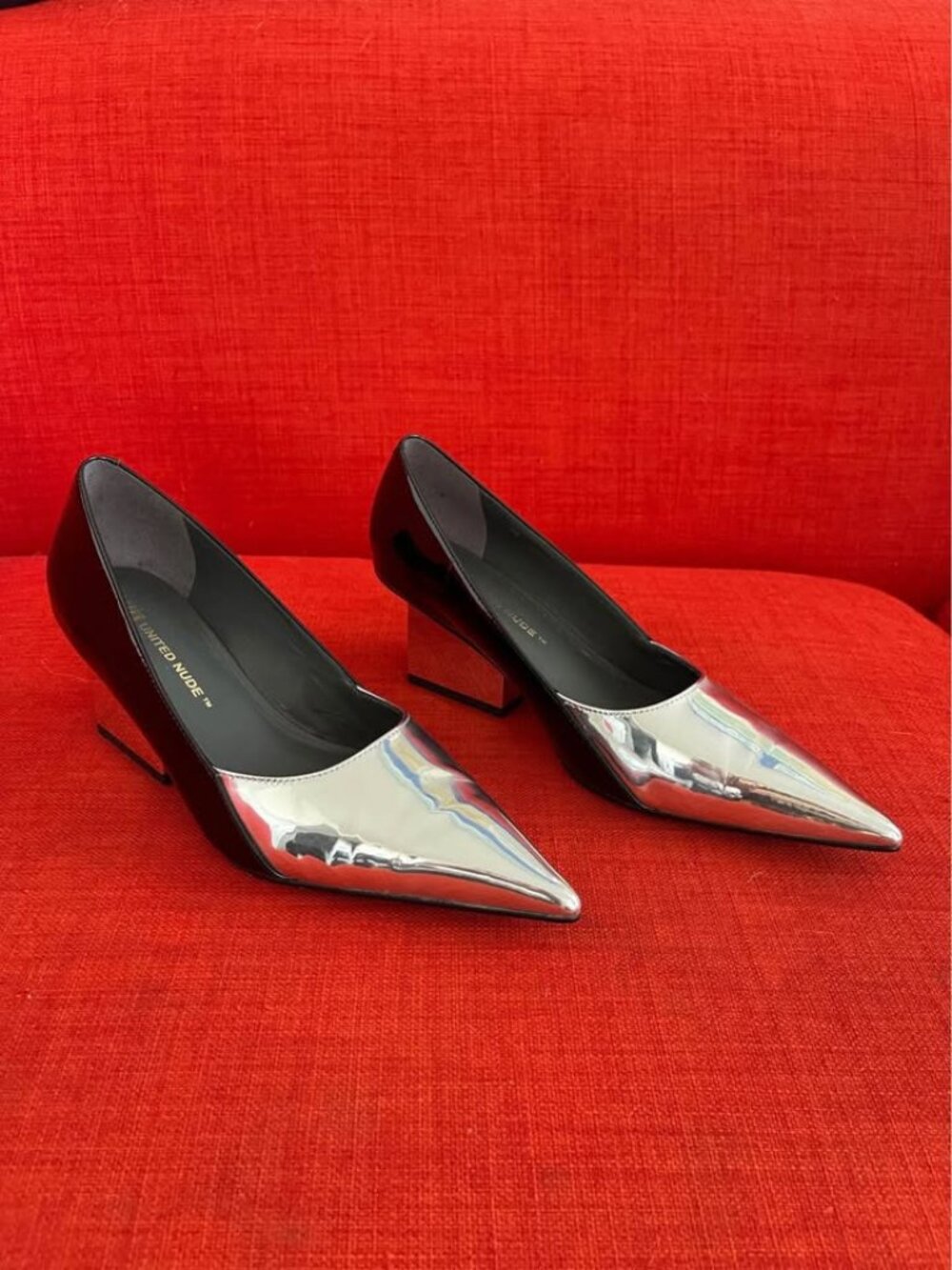 United Nude Ralia Pump Silver Point Black Patent Leather Square Heels Size 39